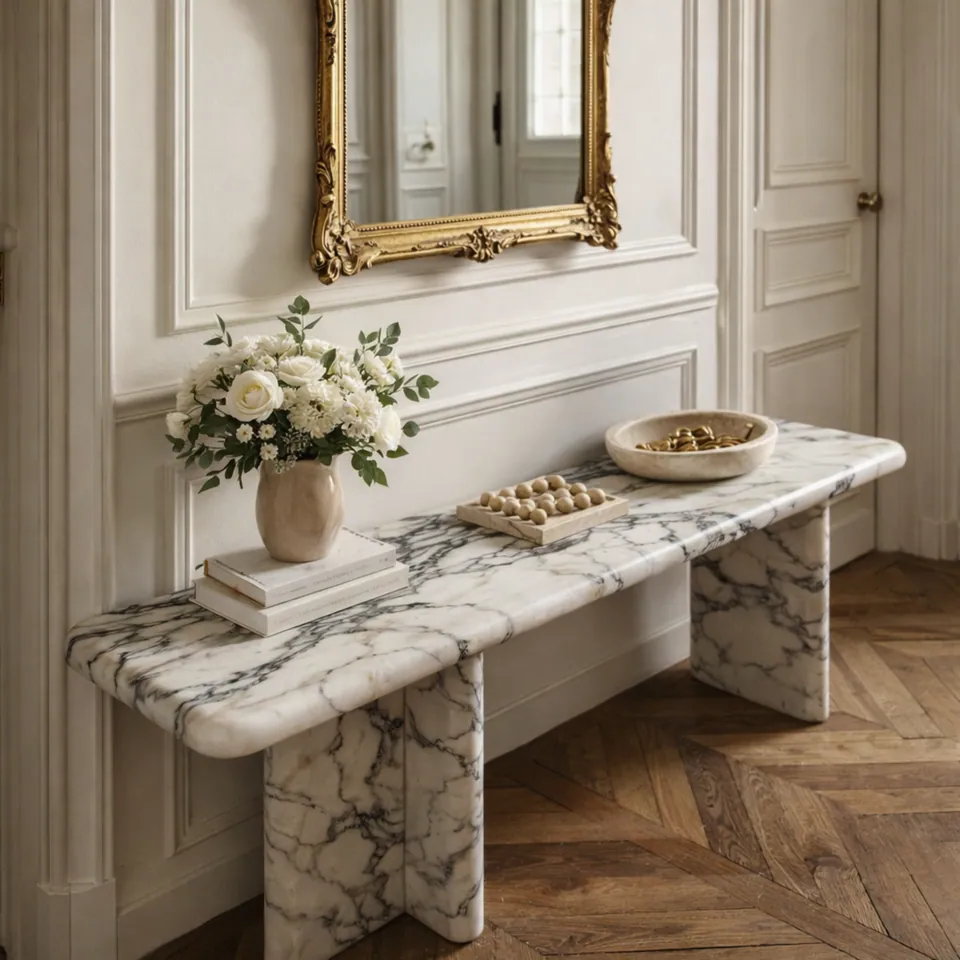 Banc décoratif japandi Sola en marbre Calacatta, pieds arrondis, vue 3
