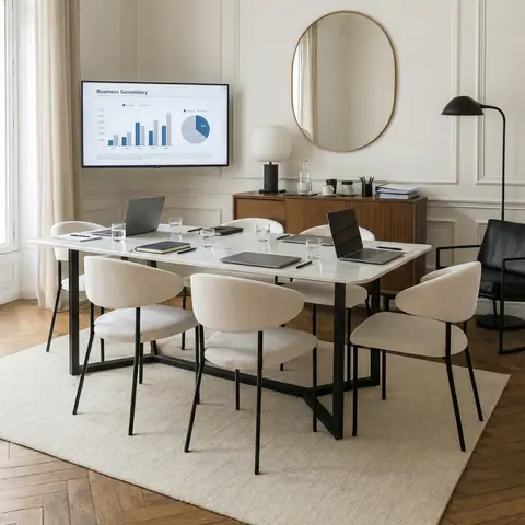 Bureau japandi Gren en marbre blanc, piètement noir
