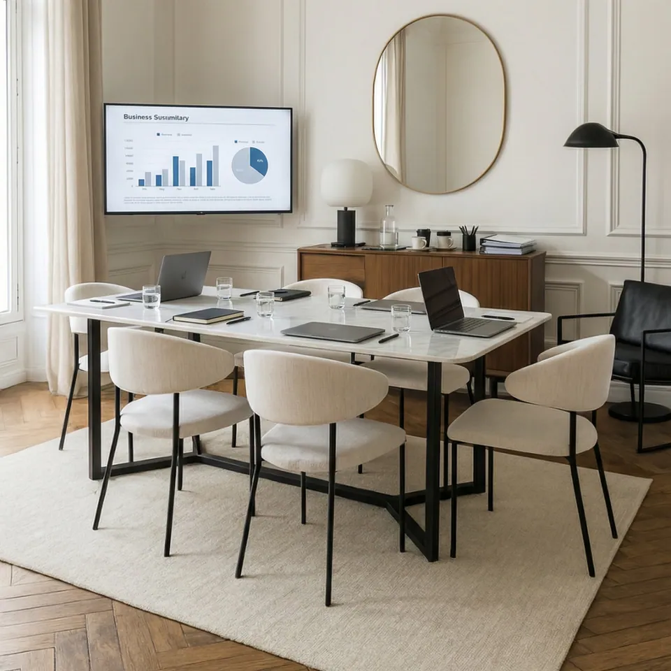 Bureau japandi Gren en marbre blanc, piètement noir