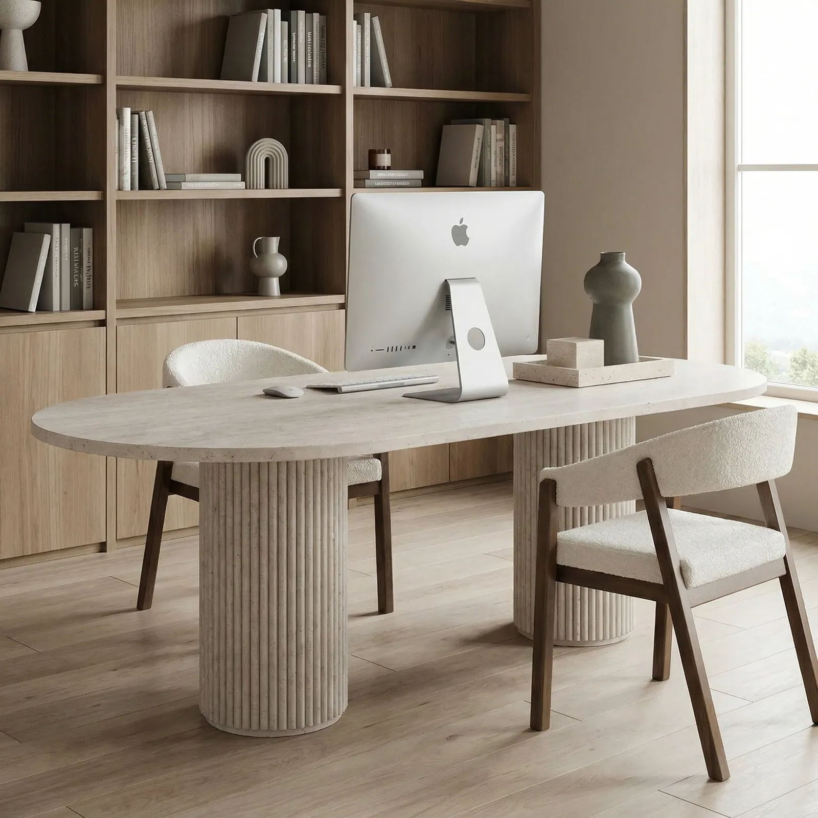 Bureau japandi Iwa en travertin, hauteur 76 cm