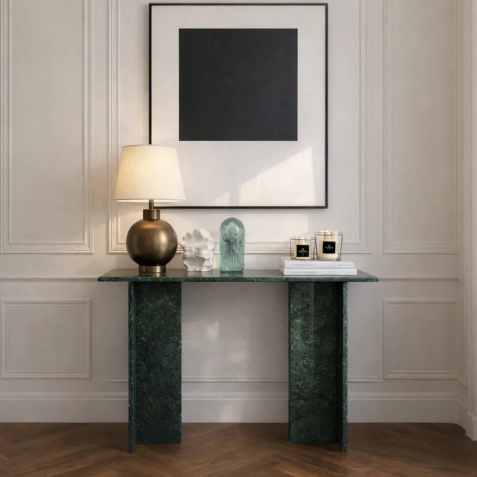 Console japandi Kaede en marbre vert Guatemala, piètement en T