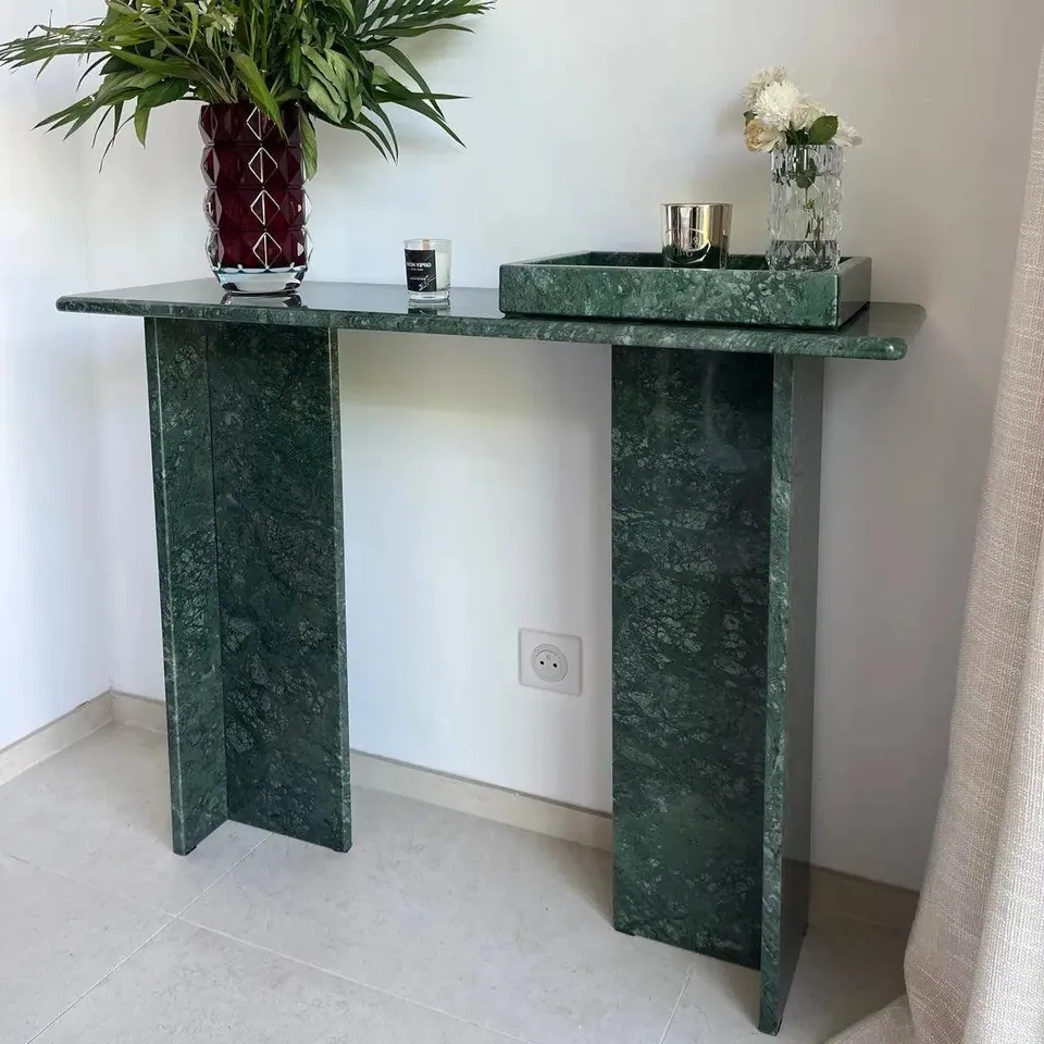 Console japandi Kaede en marbre vert Guatemala, piètement en T, vue 4