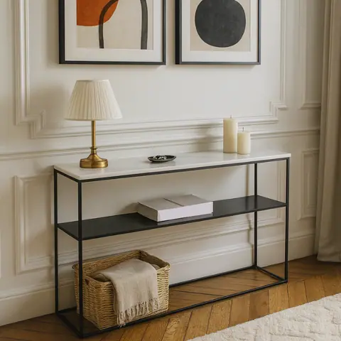 Console japandi Kawa en marbre blanc et métal noir