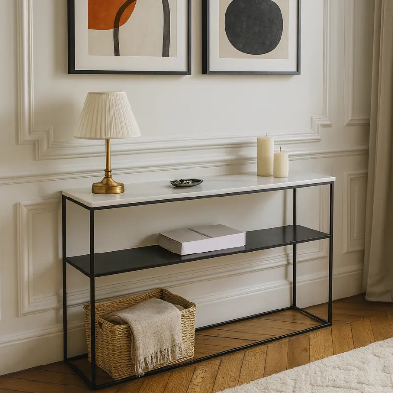 Console japandi Kawa en marbre blanc et métal noir