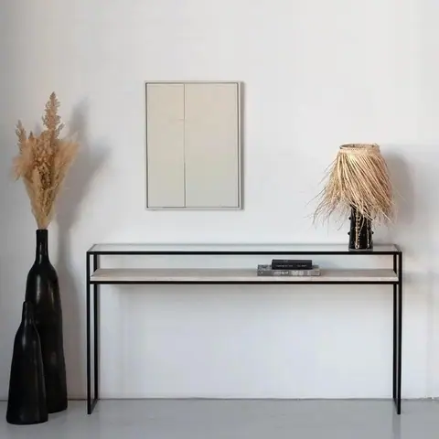 Console japandi Nami en verre et travertin, deux plateaux