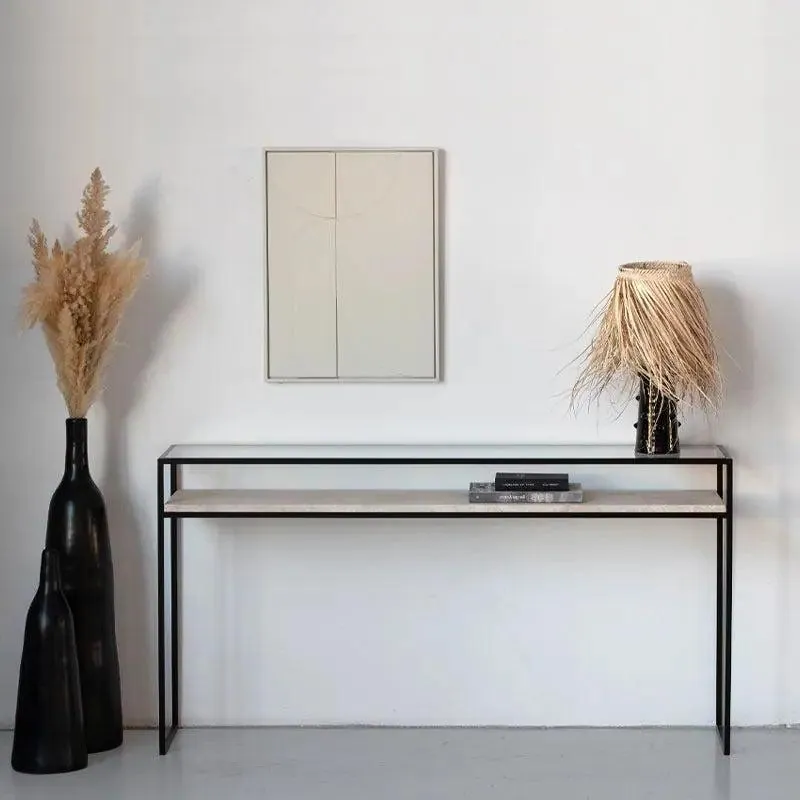 Console japandi Nami en verre et travertin, deux plateaux