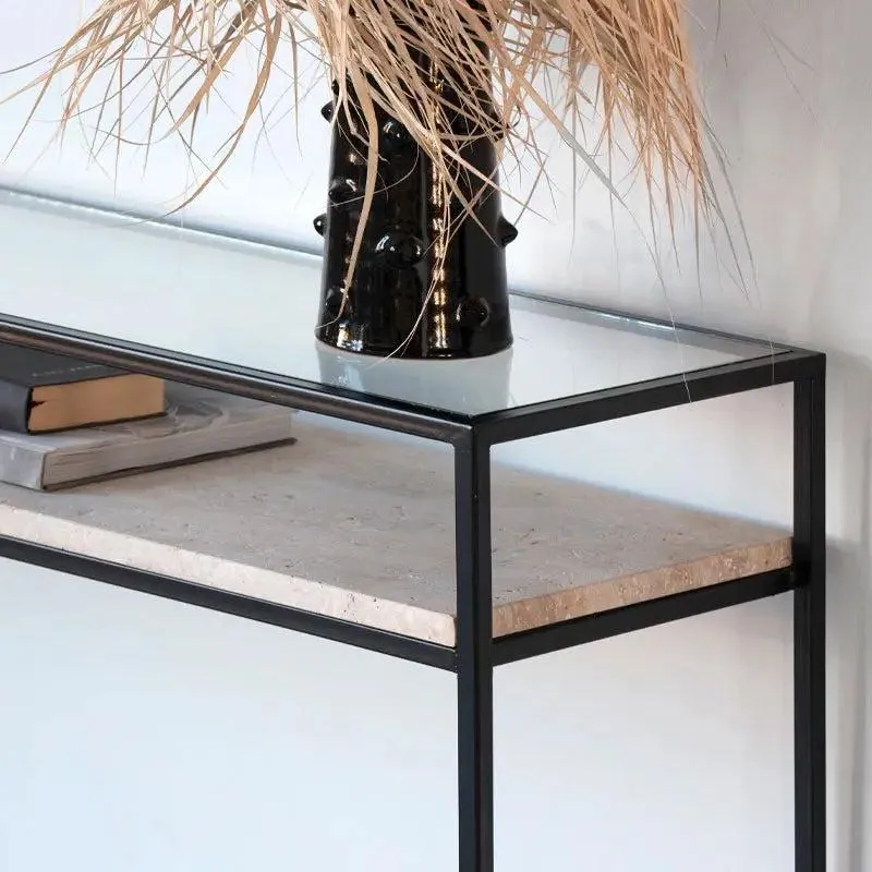 Console japandi Nami en verre et travertin, deux plateaux, vue 2