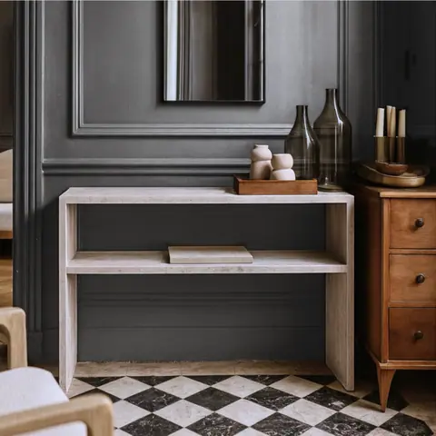 Console japandi Nao en travertin beige avec étagère