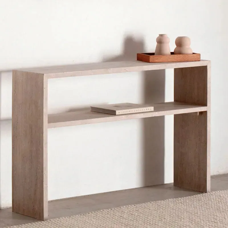 Console japandi Nao en travertin beige avec étagère, vue 2