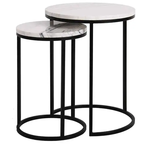 Duo de tables gigognes japandi Shimo en marbre blanc et métal