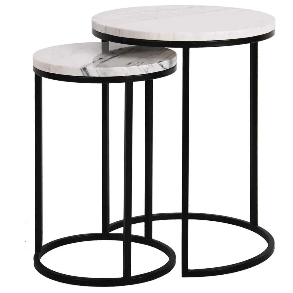Duo de tables gigognes japandi Shimo en marbre blanc et métal