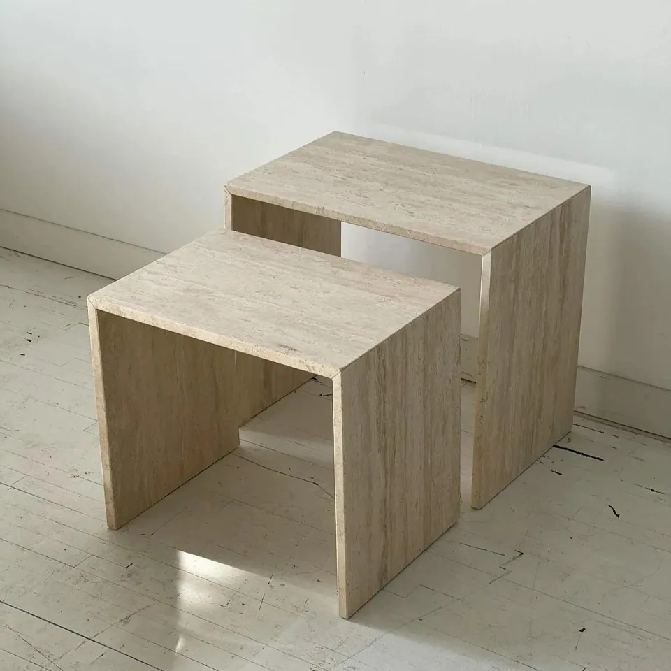 Duo de tables japandi Lys, travertin massif, une coulissante, vue 3