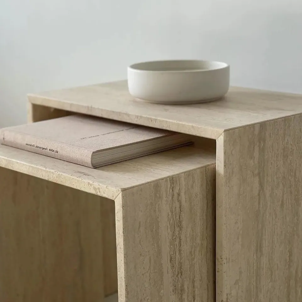 Duo de tables japandi Lys, travertin massif, une coulissante, vue 5