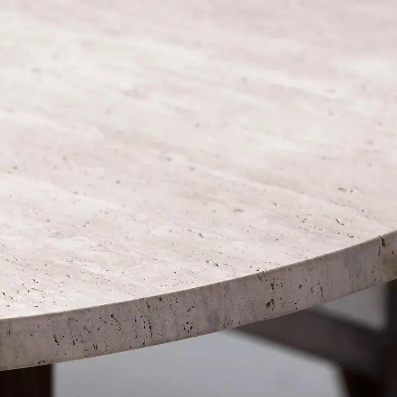 Table à manger japandi Aki en travertin, pieds en bois, vue 6