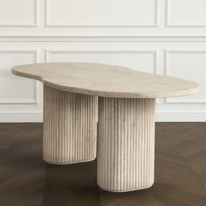 Table à manger japandi Ki 01, travertin, plateau asymétrique, vue 2