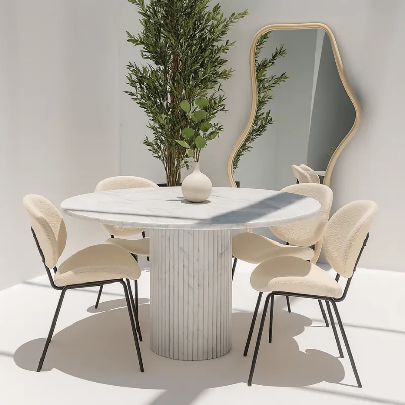 Table à manger japandi ronde Niji en marbre blanc, vue 2