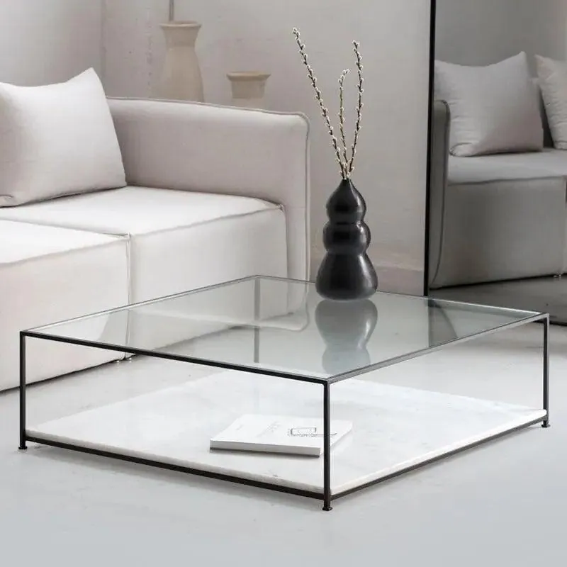 Table basse japandi carrée Gin en verre et marbre blanc