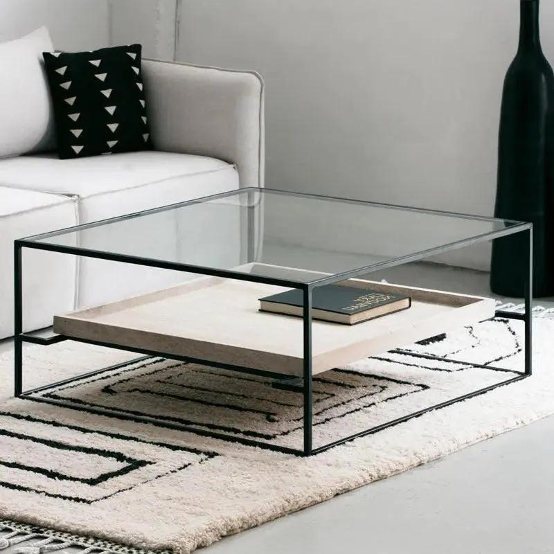Table basse japandi carrée Is en verre trempé et métal noir, vue 2