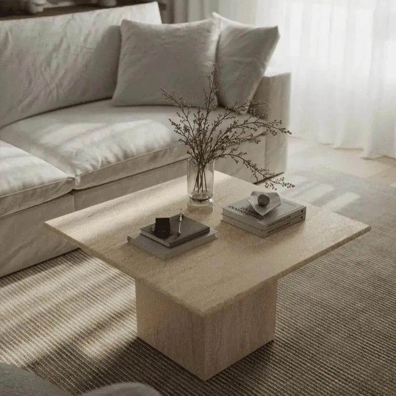 Table basse japandi carrée Sumi en travertin, travertin