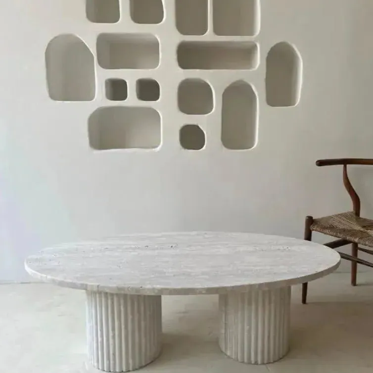 Table basse japandi Gan en travertin clair, plateau ovale, vue 6