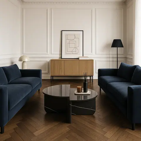 Table basse japandi Kage en marbre noir, deux demi-lunes