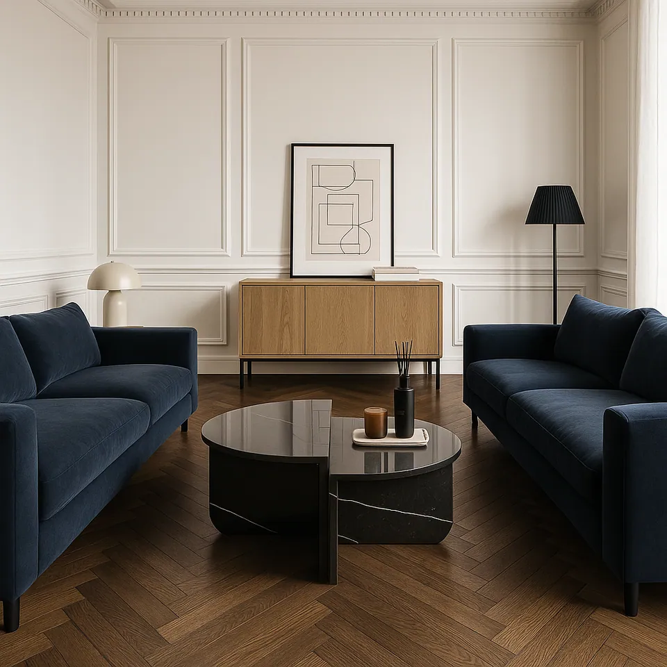 Table basse japandi Kage en marbre noir, deux demi-lunes