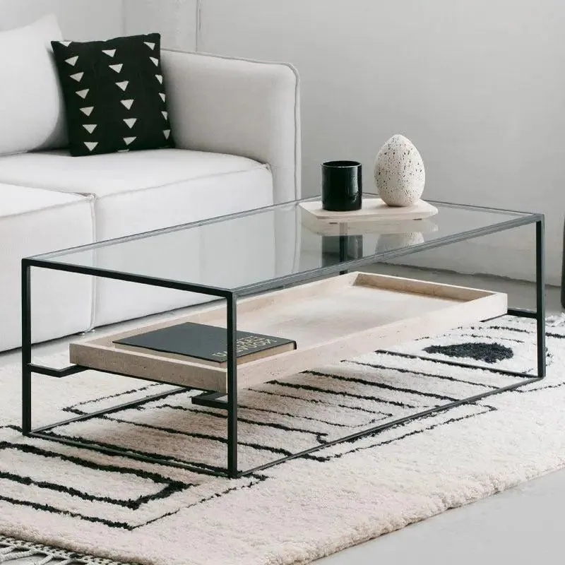 Table basse japandi Løv en verre, acier noir et travertin, vue 4