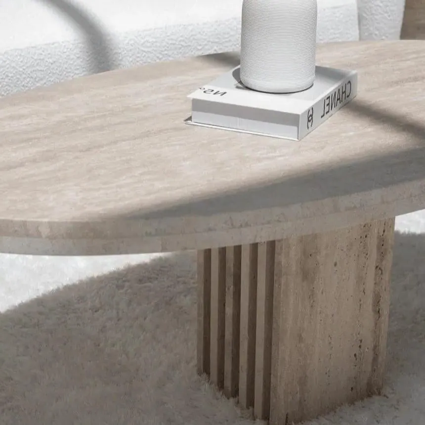 Table basse japandi ovale Hi en travertin, vue 2