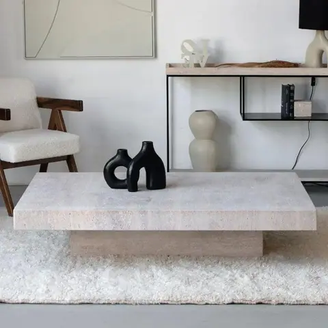 Table basse japandi rectangulaire Ishi en travertin, socle central