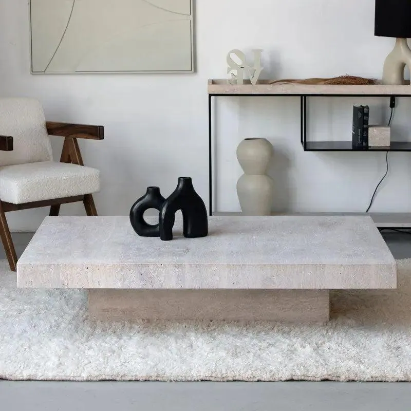 Table basse japandi rectangulaire Ishi en travertin, socle central, travertin
