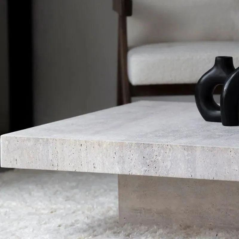 Table basse japandi rectangulaire Ishi en travertin, socle central, vue 2