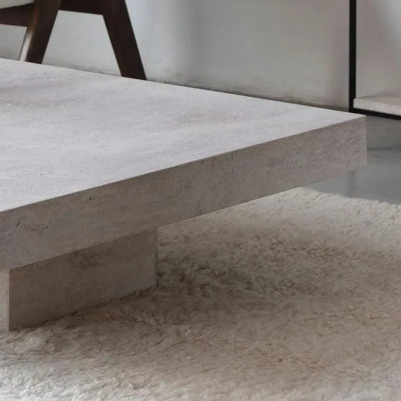 Table basse japandi rectangulaire Ishi en travertin, socle central, vue 3