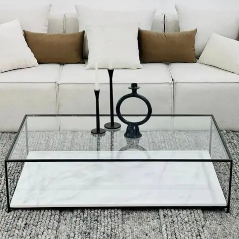 Table basse japandi rectangulaire Shio, verre et marbre blanc
