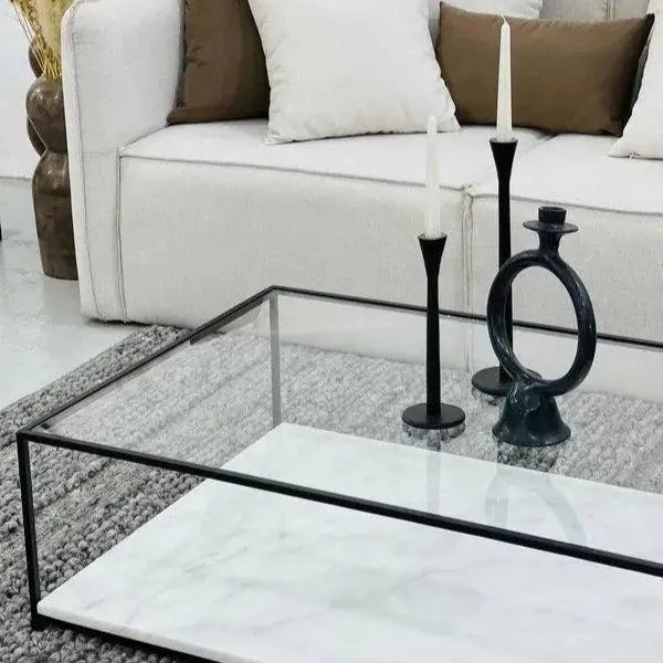 Table basse japandi rectangulaire Shio, verre et marbre blanc, vue 2
