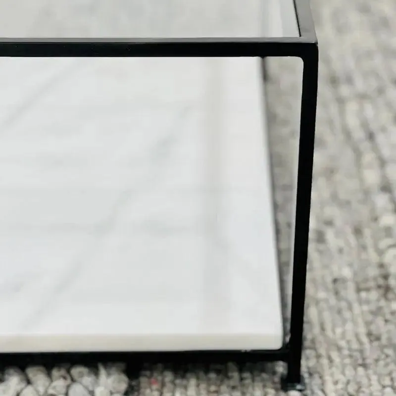 Table basse japandi rectangulaire Shio, verre et marbre blanc, vue 3