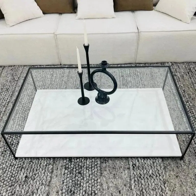 Table basse japandi rectangulaire Shio, verre et marbre blanc, vue 4