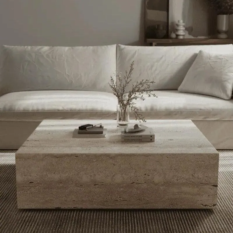 Table basse japandi rectangulaire Vik en travertin, vue 2