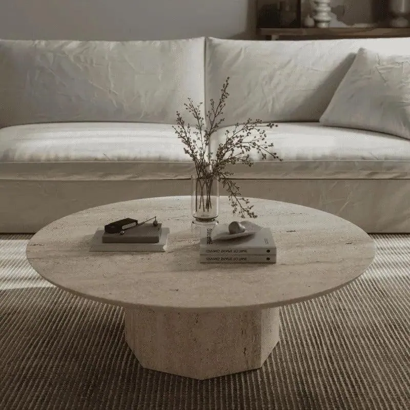 Table basse japandi ronde Asa en travertin, vue 2