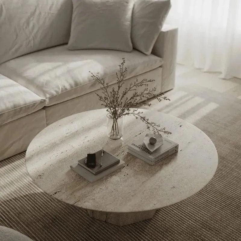 Table basse japandi ronde Asa en travertin, vue 3