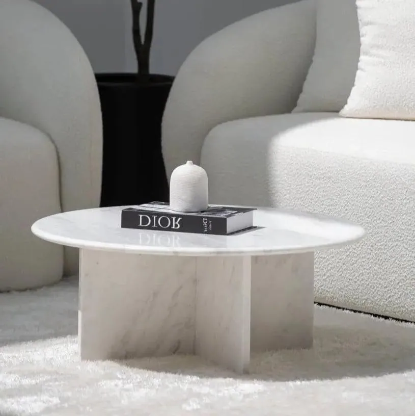 Table basse japandi ronde Sten en marbre blanc, pied croisé, vue 7