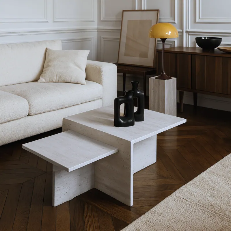 Table basse japandi Sora en travertin à double plateau