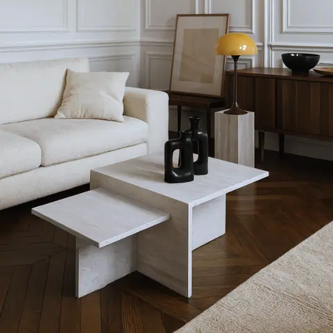 Table basse japandi Sora en travertin à double plateau