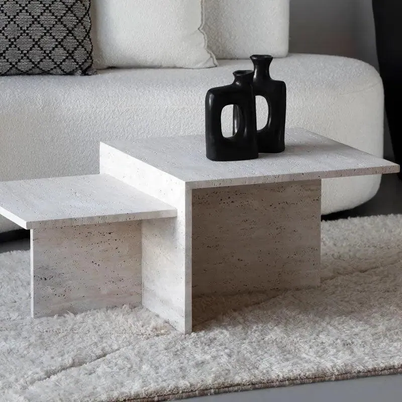 Table basse japandi Sora en travertin à double plateau, vue 2