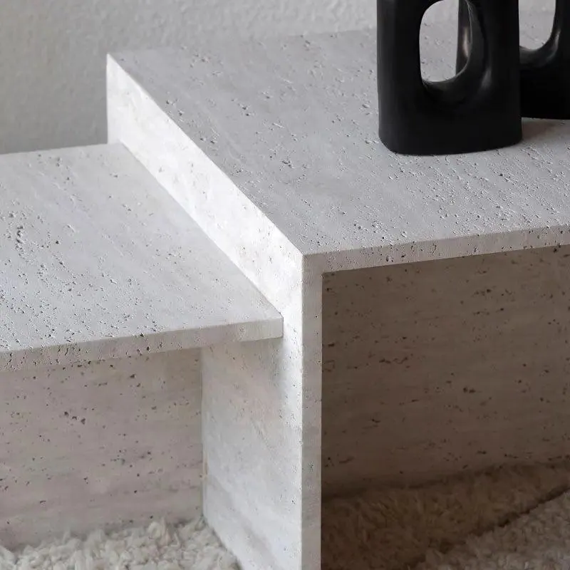 Table basse japandi Sora en travertin à double plateau, vue 4