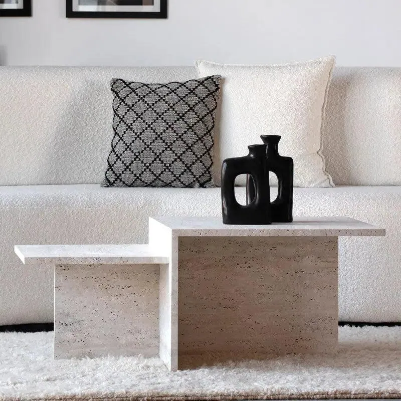 Table basse japandi Sora en travertin à double plateau, vue 5