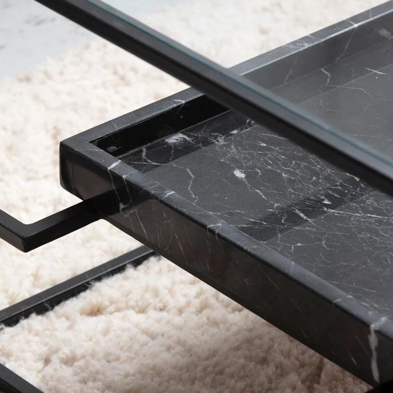 Table basse japandi Usu en verre, acier noir et marbre noir, vue 2