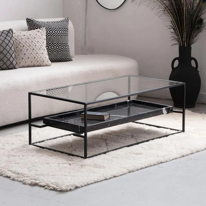 Table basse japandi Usu en verre, acier noir et marbre noir, vue 3