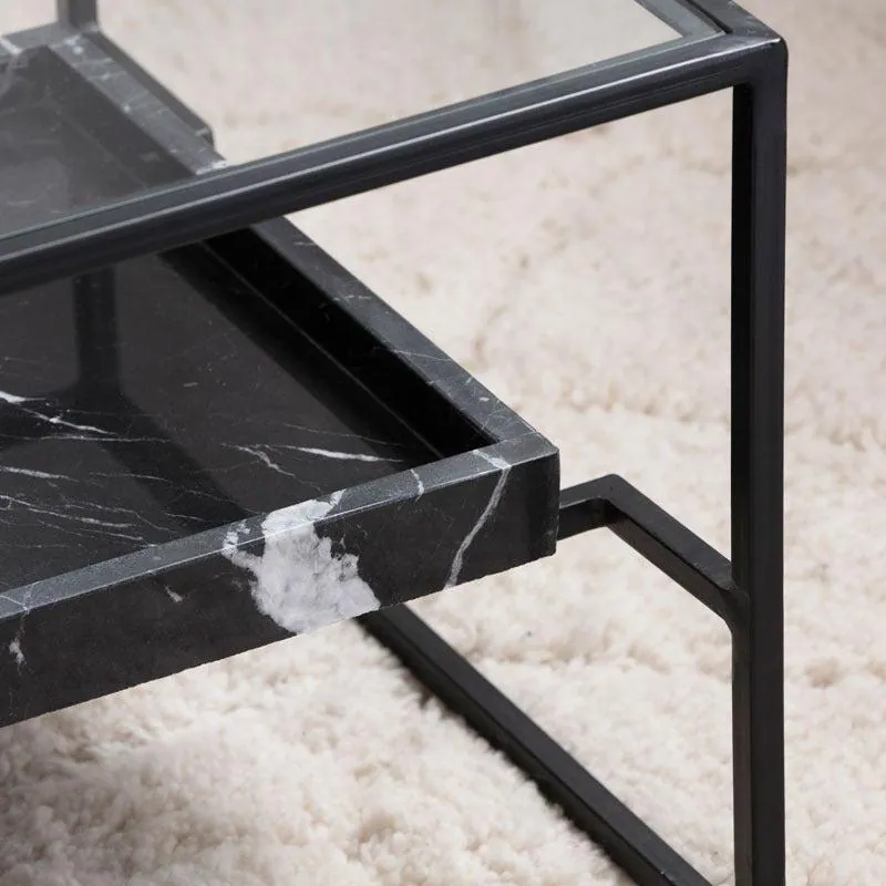 Table basse japandi Usu en verre, acier noir et marbre noir, vue 4
