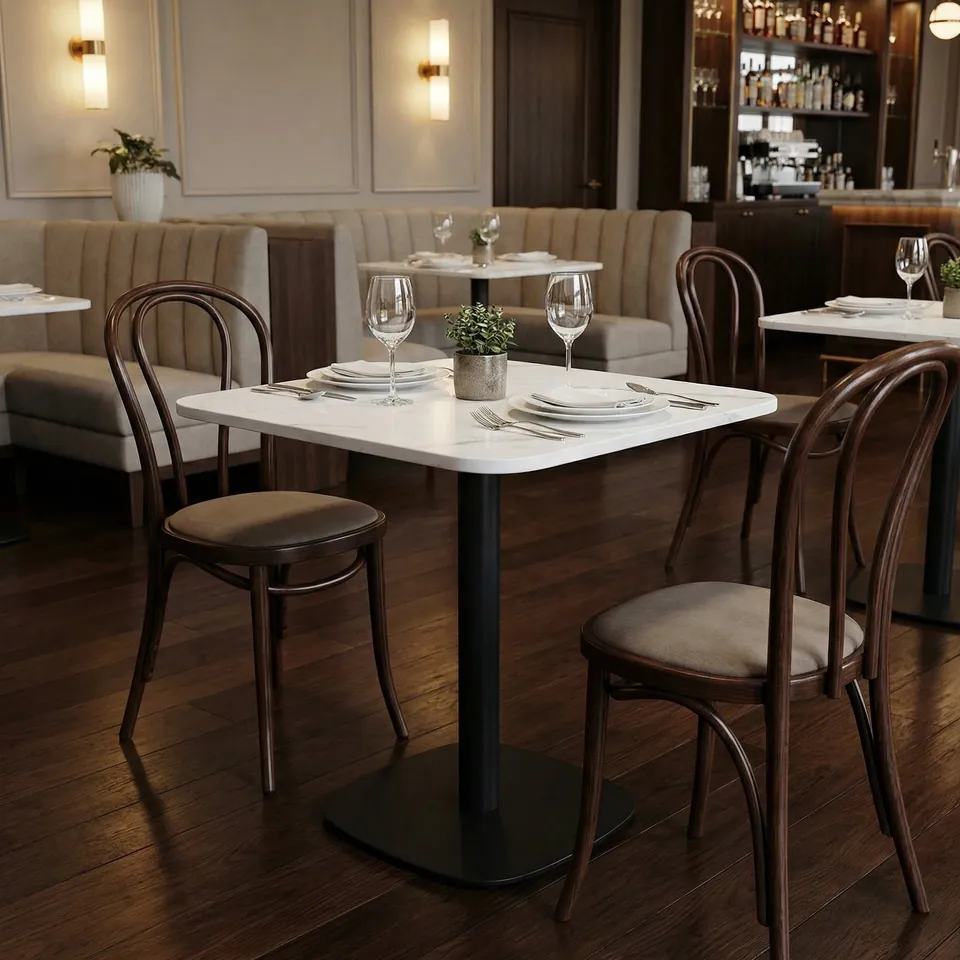 Table bistrot japandi carrée Conti en marbre blanc, marbre