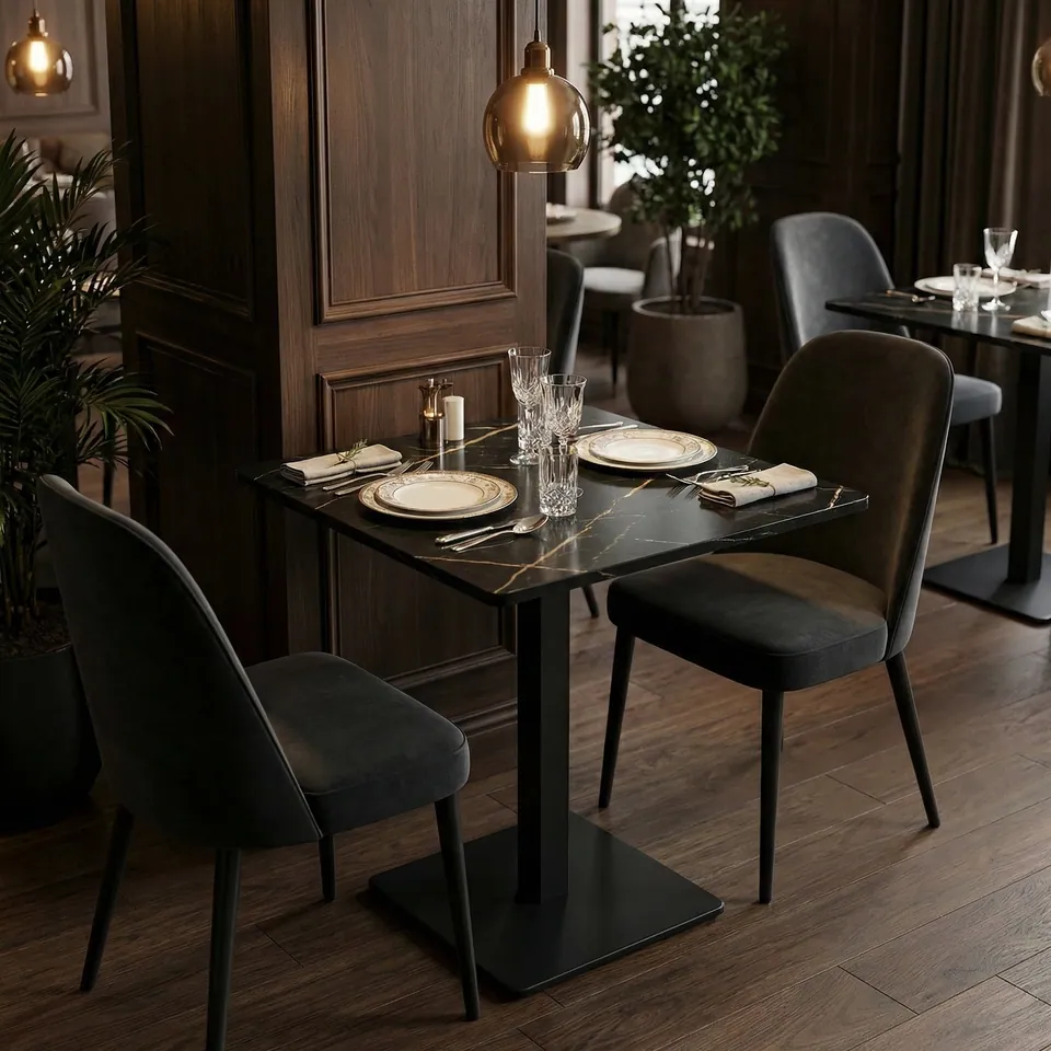 Table bistrot japandi Conti en marbre noir, 60 × 60 cm